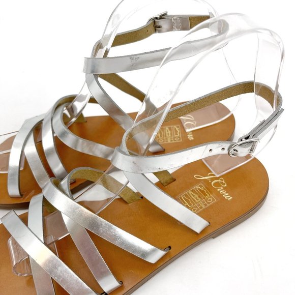 SOLD J. Crew Silver Mirror Metallic Leather Cross Strap Strappy Flat Sandals 6 - Picture 9 of 12